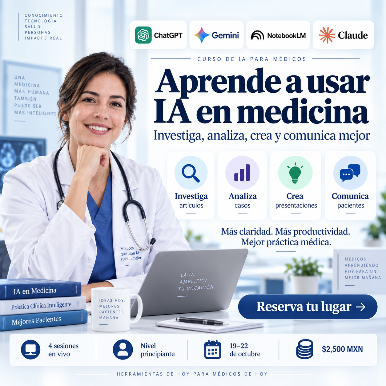 Doctora sonriendo mientras aprende a usar inteligencia artificial en medicina