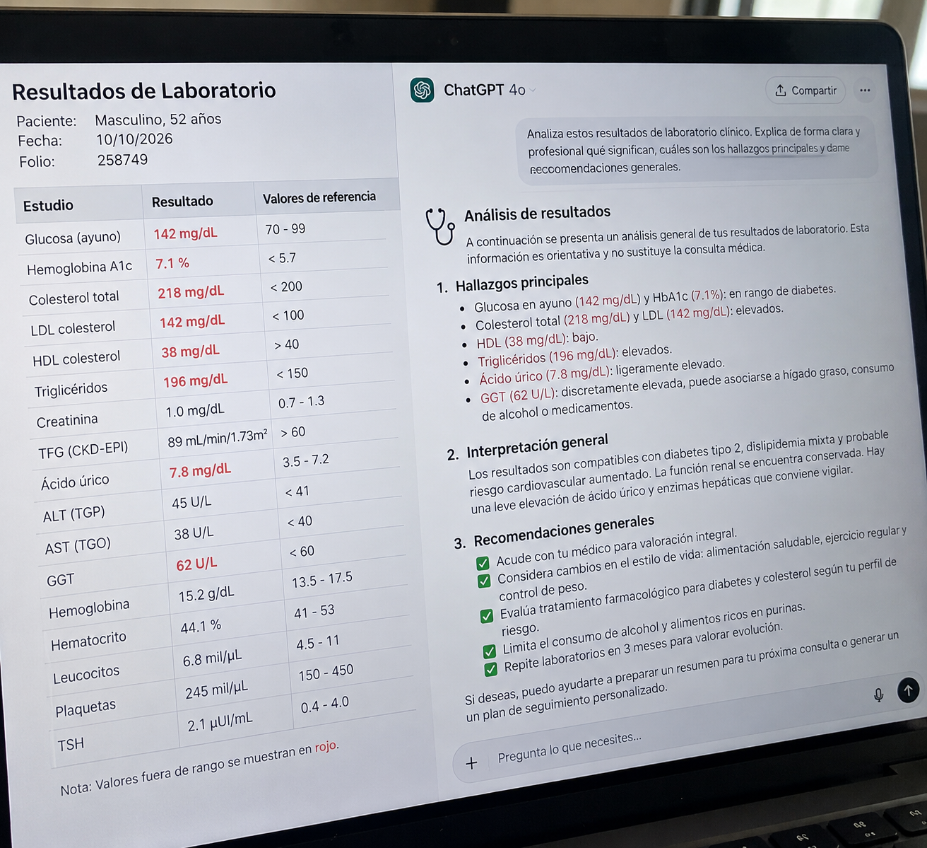 Captura suministrada de una respuesta de IA sobre resultados de laboratorio