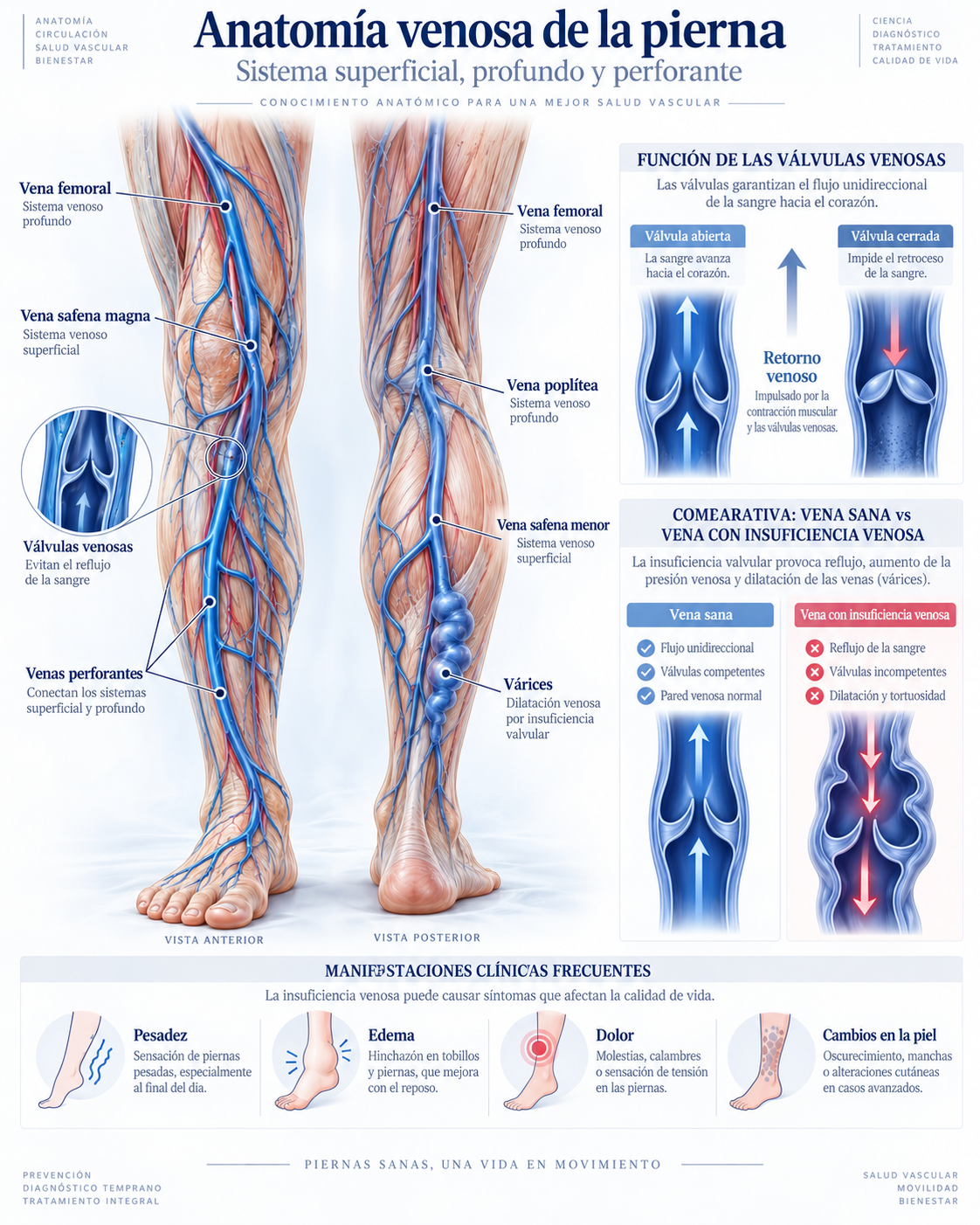 Infografía suministrada sobre anatomía venosa, válvulas y manifestaciones de insuficiencia venosa